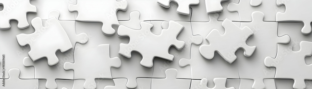 White Puzzle Piece Frame Concept for Mental Health Awareness - Wide Shot of Connecting Pieces Symbolizing Unity for Janeiro Branco, Isolated on White Background White Puzzle Piece Frame Concept for Mental Health Awareness - Wide Shot of Connecting Pieces Symbolizing Unity for Janeiro Branco, Isolated on White Background