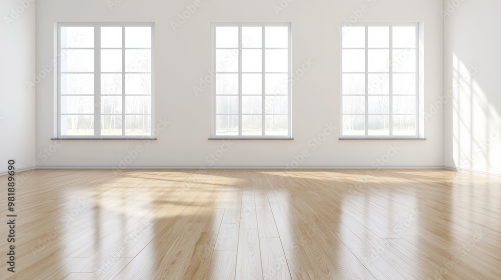 Fototapeta premium Empty Room with Three Windows and Wooden Floor