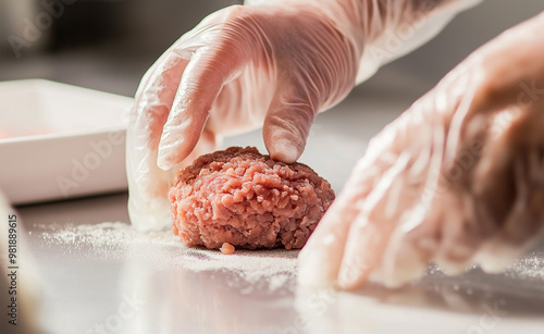 Gloved hands handling raw beef on a cutting board in a kitchen. photo