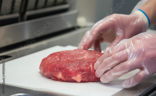 Gloved hands handling raw beef on a cutting board in a kitchen. photo