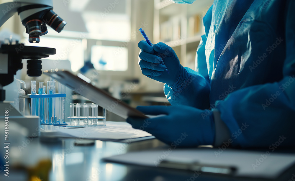 Scientist in protective gear writing notes in a laboratory setting. Scientist in protective gear writing notes in a laboratory setting.
