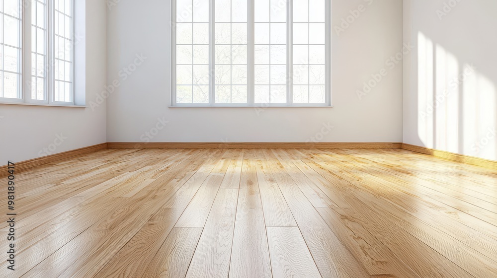 Empty Room with Hardwood Floor and White Walls with Large Windows Empty Room with Hardwood Floor and White Walls with Large Windows