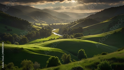 Enchanted Earth Valleys. Rolling hills with sunlight breaking through clouds casting long shadows across the valley floor creating a serene and magical atmosphere. Realistic style. photo