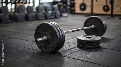 Weightlifting equipment, including barbells and plates, neatly arranged on a gym floor
