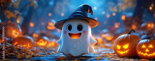 Adorable ghost with witch hat, surrounded by pumpkins, 3D illustration photo