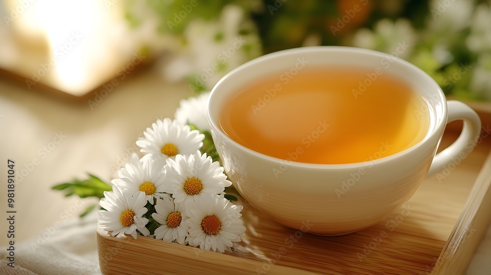 a cup of chrysanthemum and cassia tea on a wooden tray, Generative AI