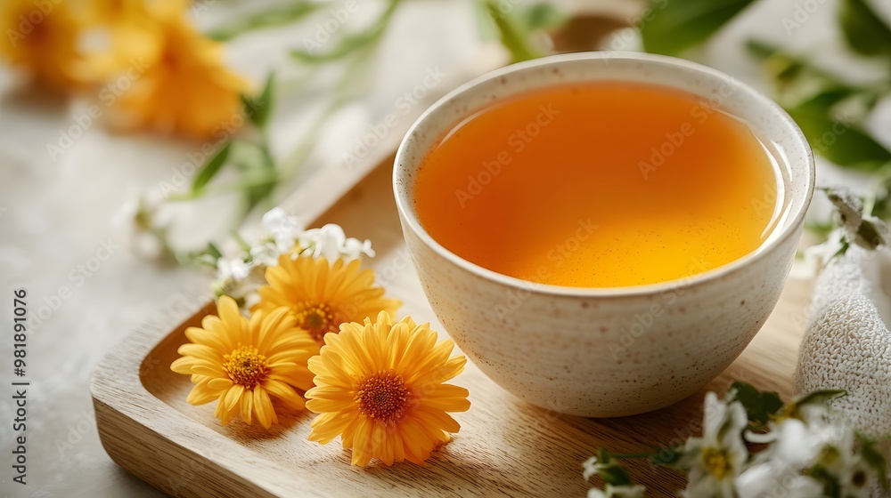 a cup of chrysanthemum and cassia tea on a wooden tray, Generative AI a cup of chrysanthemum and cassia tea on a wooden tray, Generative AI