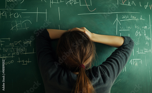 A stressed student leaning against a chalkboard covered in math formulas.