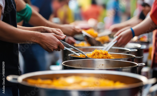 People serving hot food at a community kitchen or buffet. photo