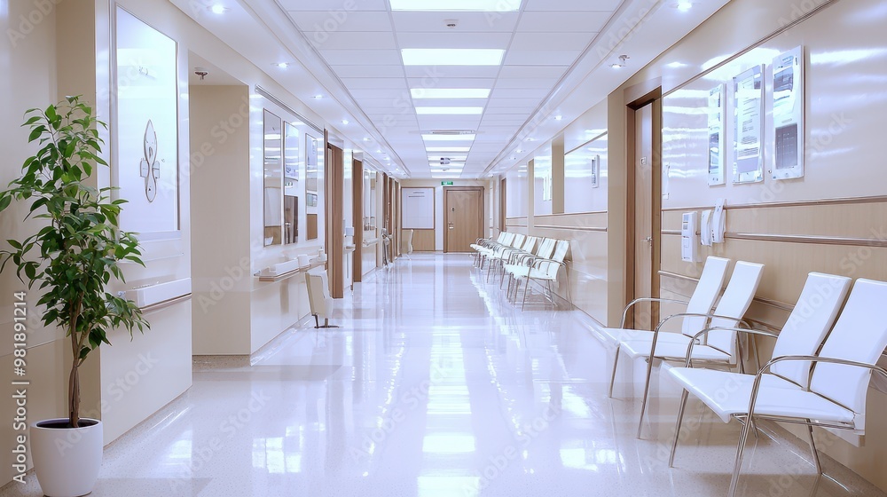Fototapeta premium Modern Hospital Waiting Area With White Chairs And Plant
