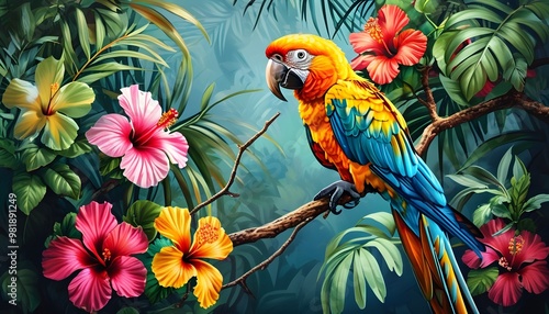 Vibrant tropical paradise featuring a scarlet macaw perched among lush foliage and bright hibiscus flowers photo