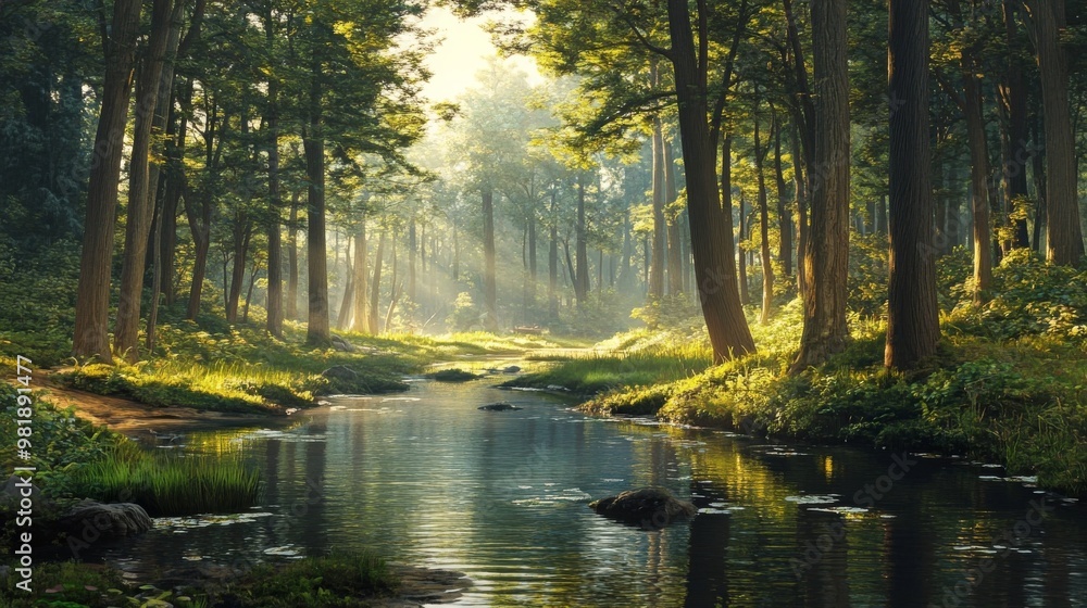 Tranquil forest with river Tranquil forest with river