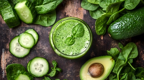 Green smoothie with fresh ingredients like spinach, cucumber, and avocado next to it