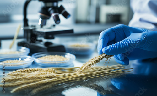 Scientist examining grains and wheat under a microscope in a lab. photo