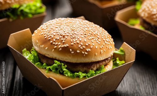 A sesame seed burger in a cardboard container, ready for takeaway. photo