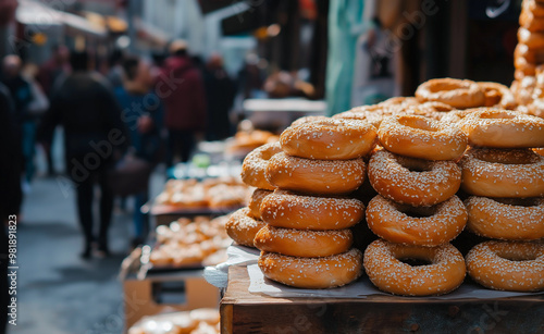 Stacks of sesame-covered bagels on display at an outdoor market stall. photo