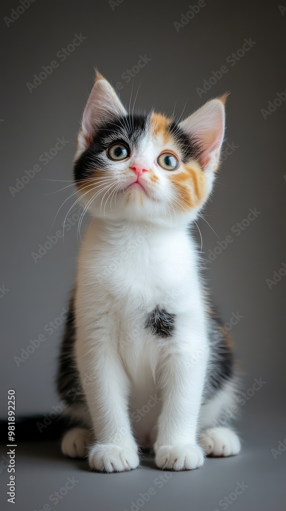Curious Kitten: A captivating portrait of a tri-colored kitten with captivating green eyes, perched against a minimalist grey backdrop. Curious Kitten: A captivating portrait of a tri-colored kitten with captivating green eyes, perched against a minimalist grey backdrop.