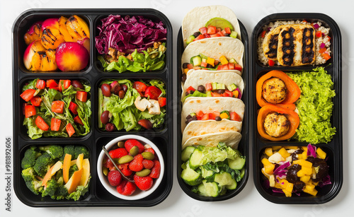 A variety of healthy meal prep containers filled with vegetables, fruits, and protein-rich foods. photo