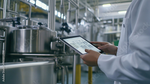 Factory worker in a white coat inspecting machinery with a tablet. photo