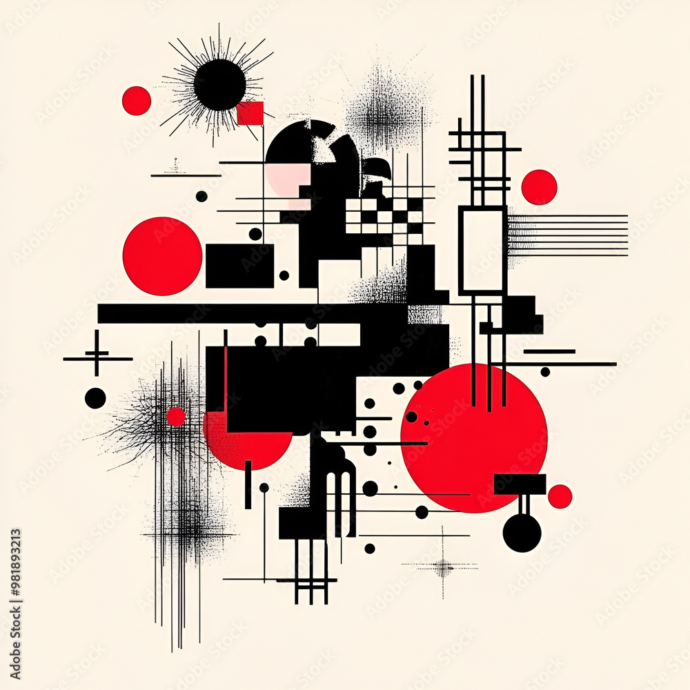 Abstract Bauhaus geometric pattern background,abstract background illustration featuring black and red lines, Abstract geometric background with circles, lines and dots Abstract Bauhaus geometric pattern background,abstract background illustration featuring black and red lines, Abstract geometric background with circles, lines and dots