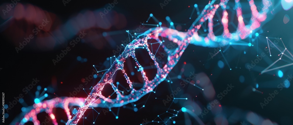 Abstract DNA Helix, intricate 3D polygonal structure of a DNA molecule, elegantly spiraling against a dark backdrop, showcasing the complexity of genetic architecture. Abstract DNA Helix, intricate 3D polygonal structure of a DNA molecule, elegantly spiraling against a dark backdrop, showcasing the complexity of genetic architecture.