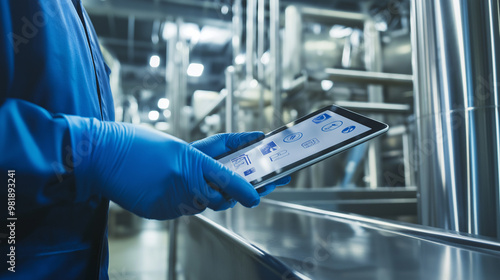 Factory worker in a white coat inspecting machinery with a tablet.