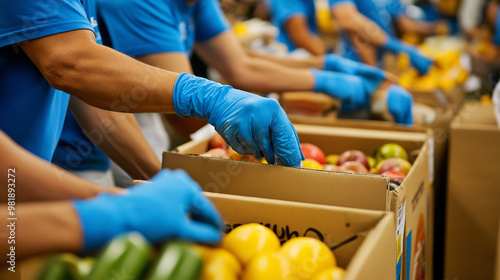 Volunteers packing food items into cardboard boxes for distribution. photo