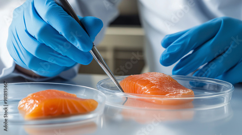 Scientist inspecting raw salmon slices with tweezers in a lab. photo