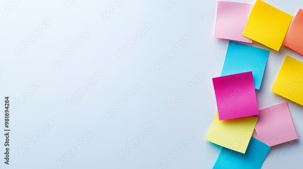Vibrant Sticky Notes on White Background with Copy Space on the Left Vibrant Sticky Notes on White Background with Copy Space on the Left