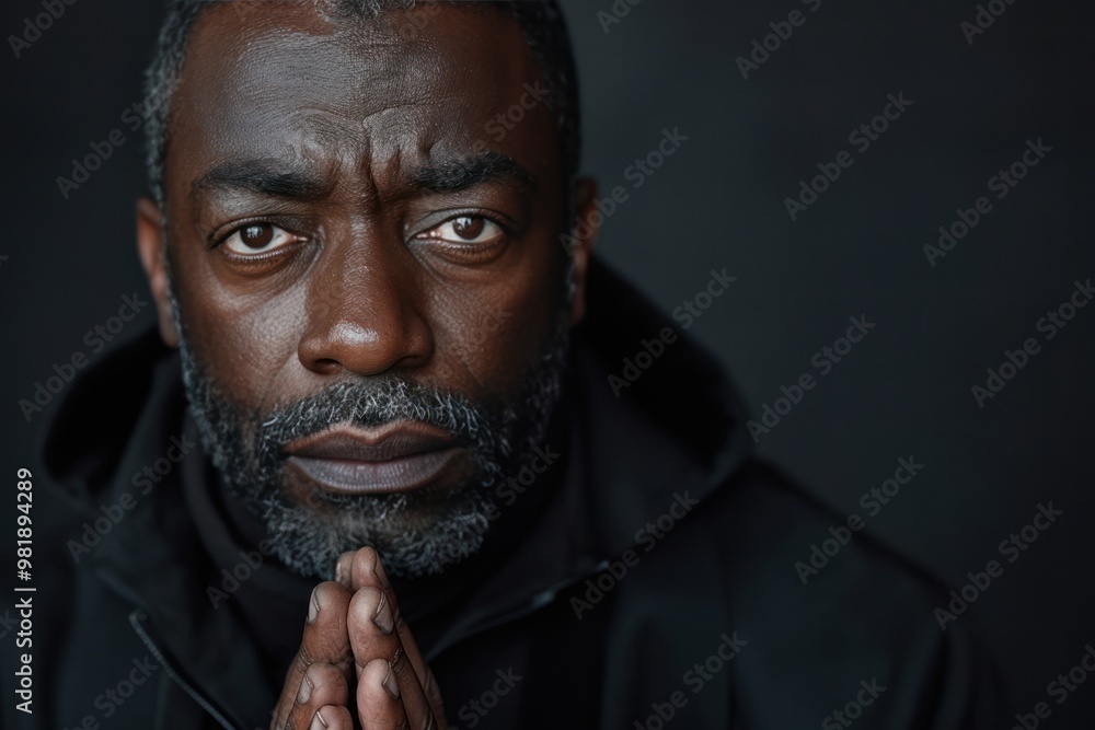 Devotion in Darkness: Black Man Praying on Dark Background Devotion in Darkness: Black Man Praying on Dark Background