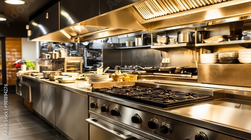 Fototapeta Naklejka Na Ścianę i Meble -  Modern Stainless Steel Commercial Kitchen Interior with Stovetop and Oven