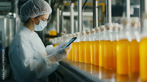 Worker in protective gear inspecting bottled drinks in a beverage production line. photo