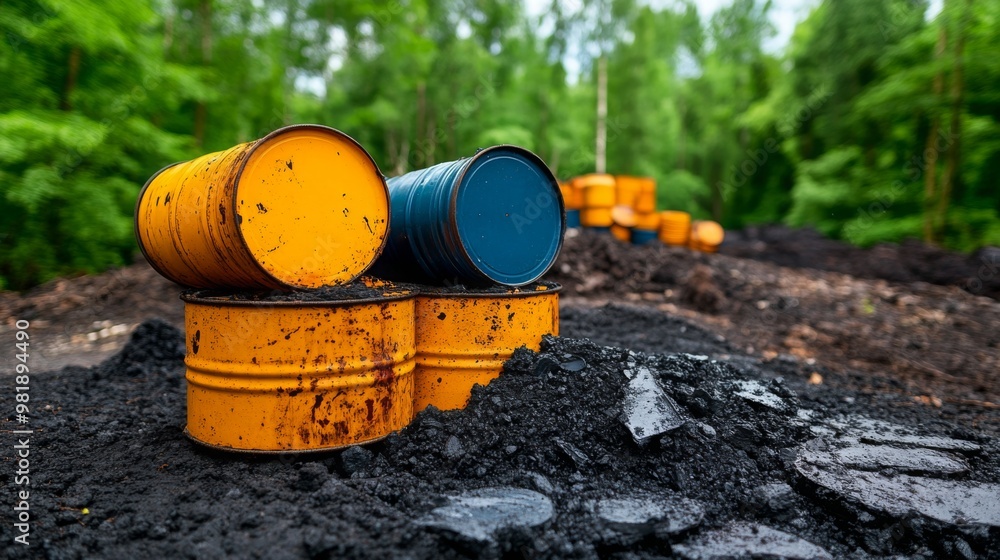 Fototapeta premium Bright yellow and blue oil barrels sitting on black soil in a natural outdoor setting.