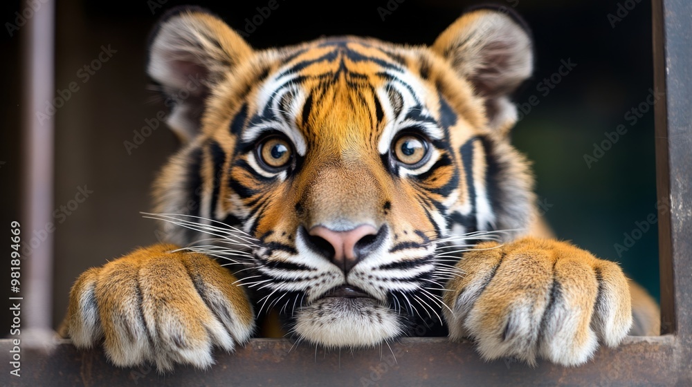 Fototapeta premium A majestic young tiger looking intently through a cage, its paws gripping the bars.