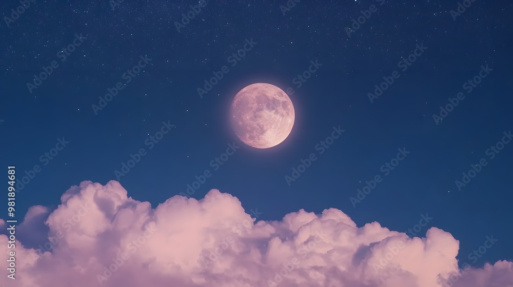 The full moon in the sky above the clouds is surrounded by a halo of light and in the sky, Generative AI