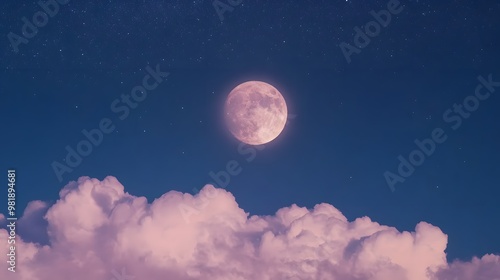 The full moon in the sky above the clouds is surrounded by a halo of light and in the sky, Generative AI