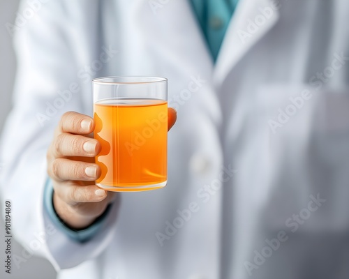 A lab-coated individual holds a clear glass containing a vibrant orange liquid, suggesting experimentation or testing in a scientific setting.