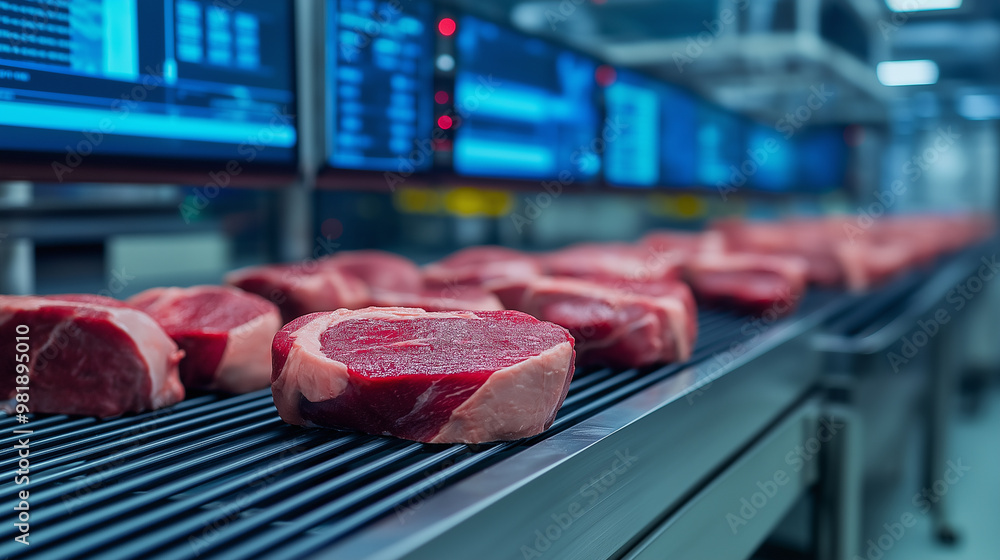 Fresh steaks lined up on a conveyor belt in a meat processing facility. Fresh steaks lined up on a conveyor belt in a meat processing facility.