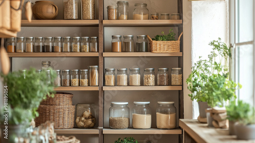 A well-organized kitchen shelf with glass jars of grains, pasta, and plants by a window.