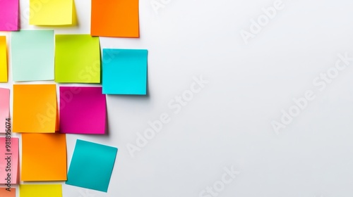 Colorful Sticky Notes Arrangement on White Background with Space for Text - Minimalist Office Supplies Concept