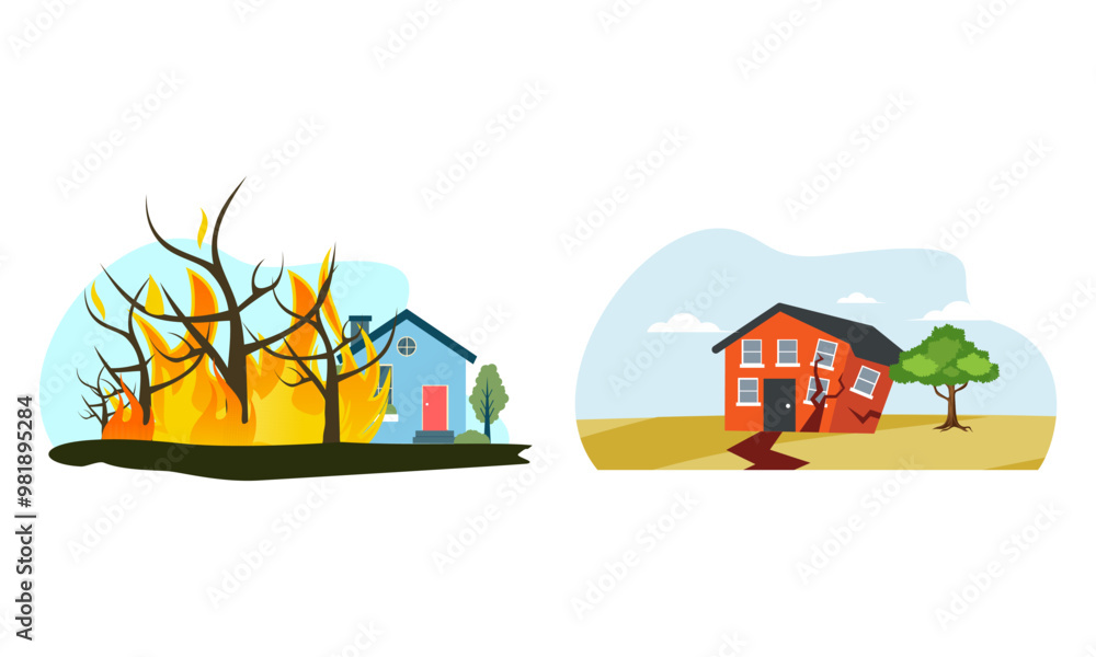Fototapeta premium Natural disaster scenes. Different elemental calamity logo