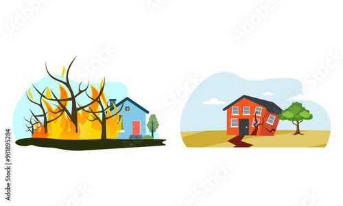 Natural disaster scenes. Different elemental calamity logo