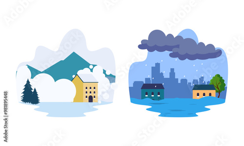 Natural disaster scenes. Different elemental calamity logo