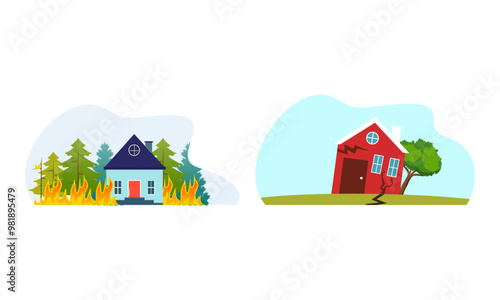 Natural disaster scenes. Different elemental calamity logo