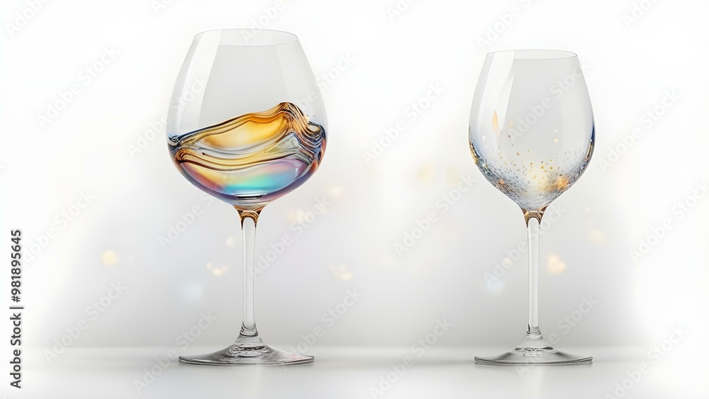 Fototapeta premium Two wine glasses with swirling liquid and golden sparkles. One glass showcases vibrant rainbow-like waves and other has delicate golden particles. Magical, elegant scene perfect for celebration themes