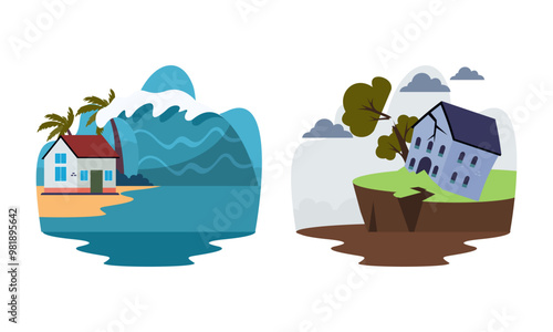 Natural disaster scenes. Different elemental calamity logo