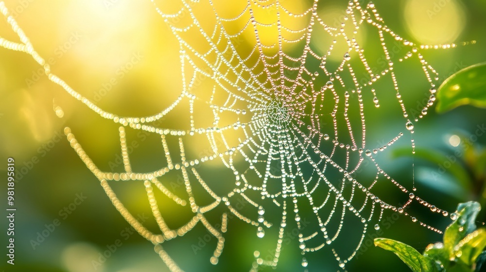 Dew-Covered Spiderweb with Sunlit Background Dew-Covered Spiderweb with Sunlit Background