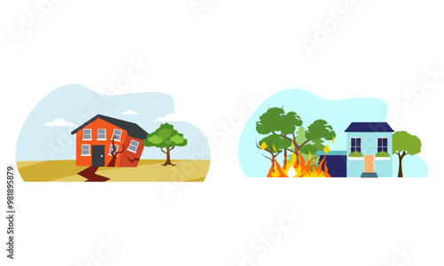 Natural disaster scenes. Different elemental calamity logo