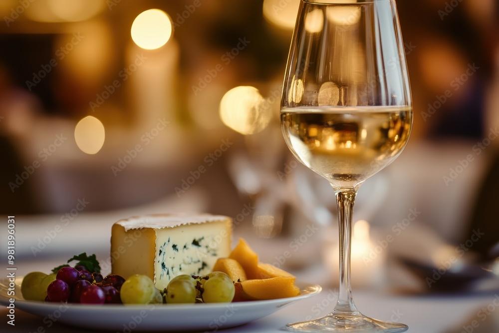 A glass of white wine and a plate of cheese and grapes A glass of white wine and a plate of cheese and grapes