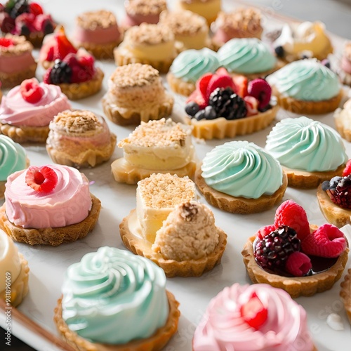 A mouthwatering display of miniature tarts, each topped with a variety of colorful fruits and creamy fillings. The tarts have a golden brown crust and are arranged in a grid on a white platter. The fr photo